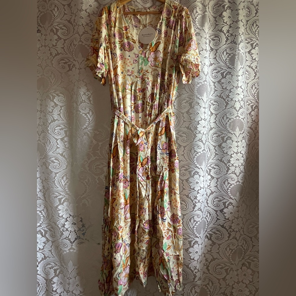 Yellow Floral Ruffle-Sleeve Midi Dress Tie Waist 4XL NWT!